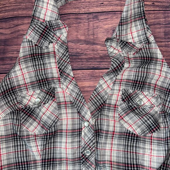 GUESS Plaid Halter Top with Red Rose Embroidered Detail - Size Medium - Picture 4 of 9